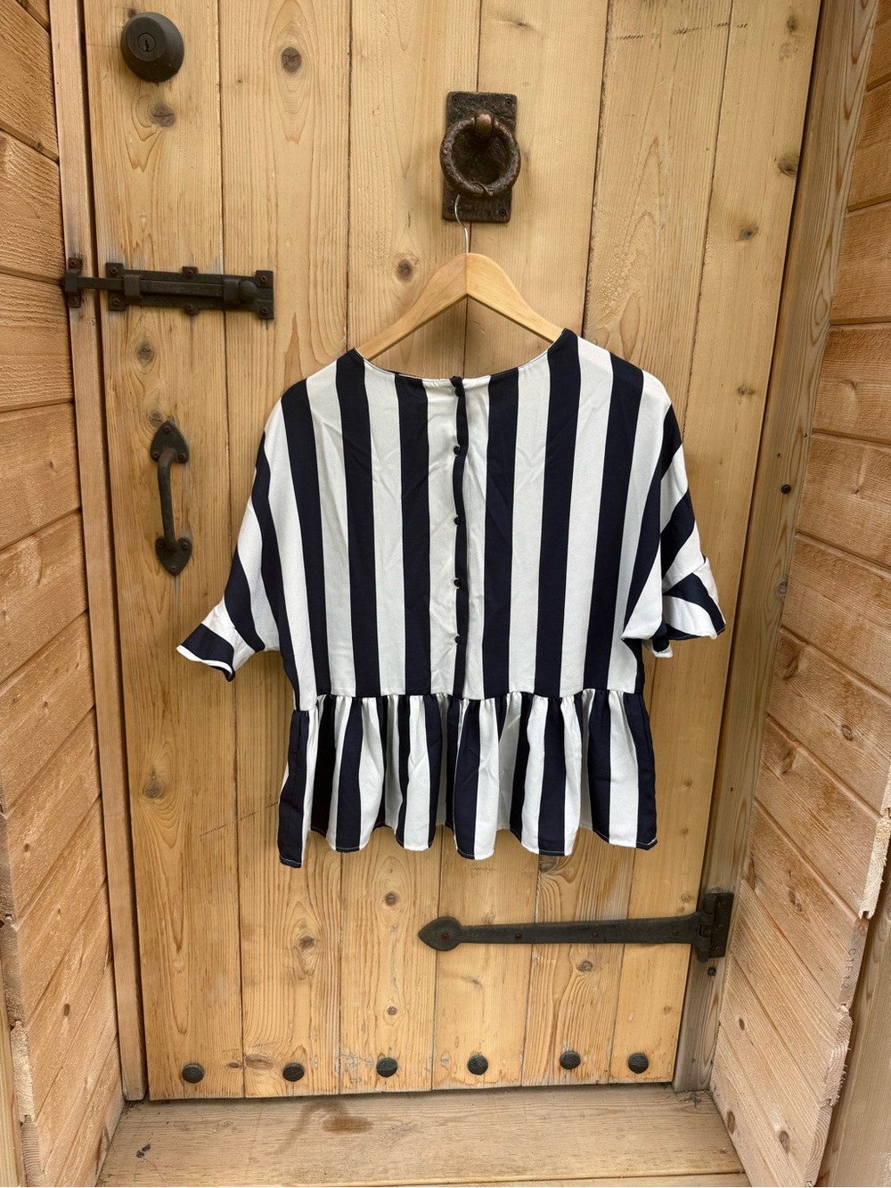 Dex Navy and White Striped Peplum Blouse Size Medium - Picture 4 of 6